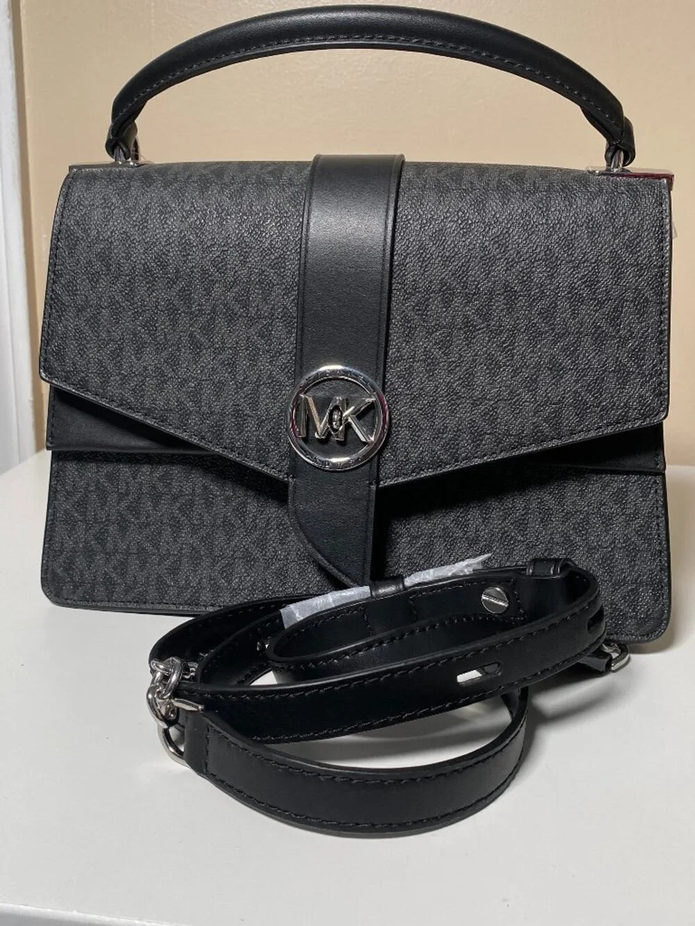 NWT Michael Kors Greenwich Medium Top Handle Satchel Black MK Signature